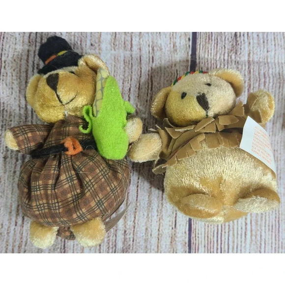 Vintage Russ Thanksgiving Bears Lot Of 4 Stuffed Animal Toys Brown Green 3" - Picture 3 of 5